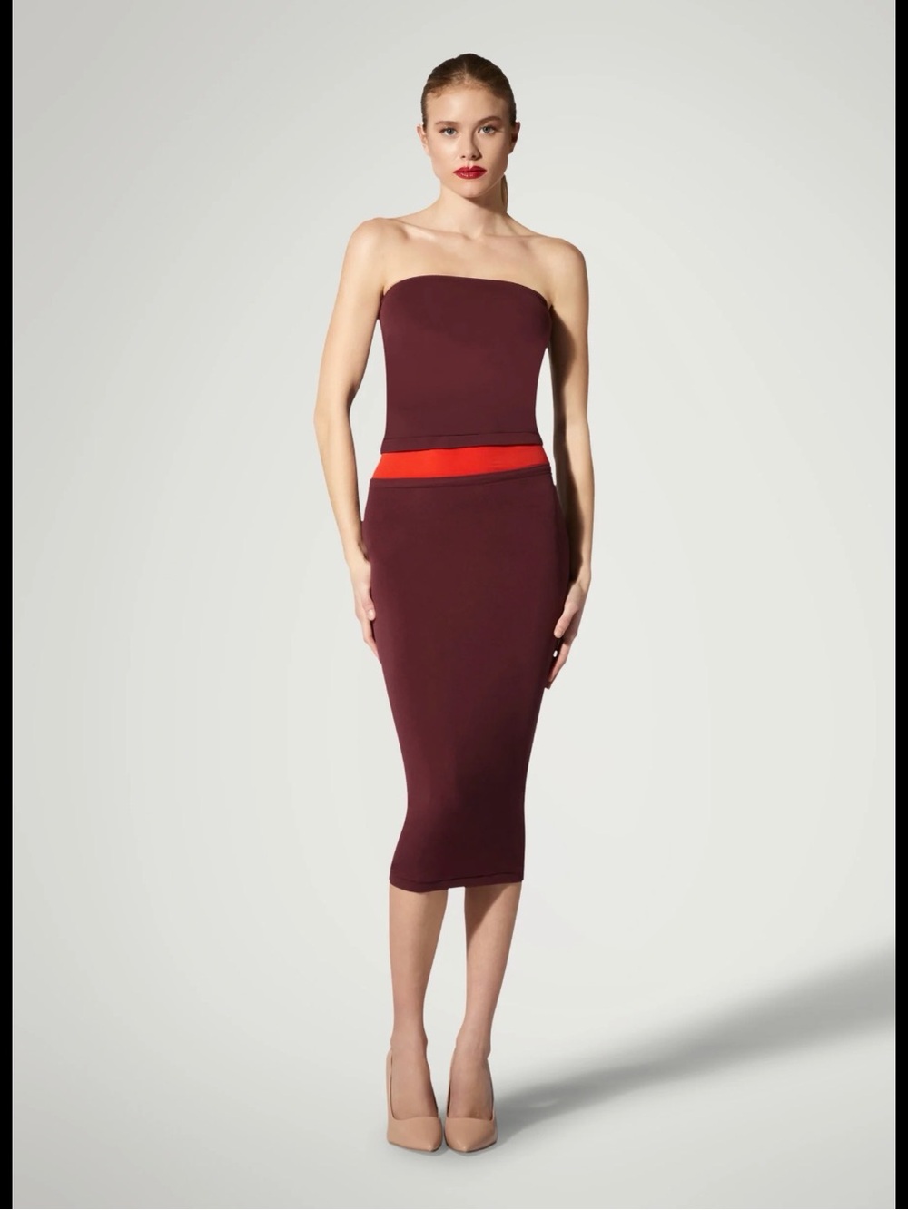 Wolford Strapless Burgundy Midi Dress with Red Waistband